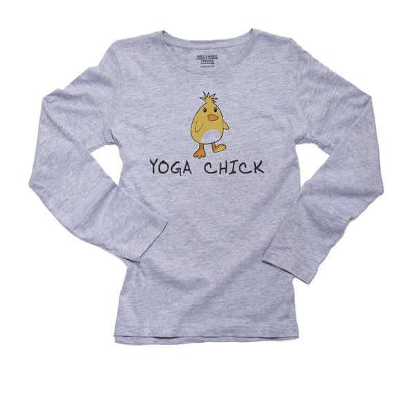 Trendy and Funny Yoga Yellow Chick Graphic Women's Long Sleeve Grey T-Shirt