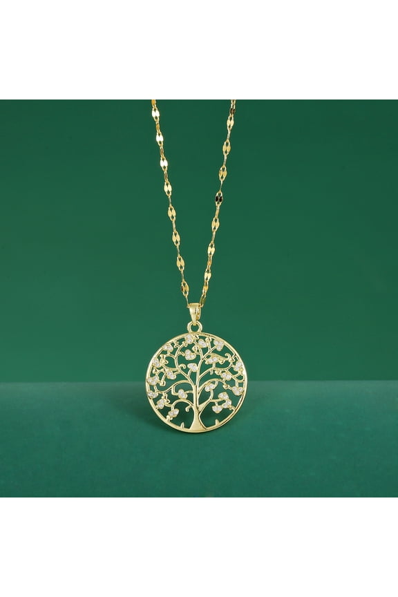 Trendy and Ingenious Tree Jewelry Unique Lockbone 14K Yellow Gold Necklace with Nature-Inspired Original Design and Shimmering Zirconia