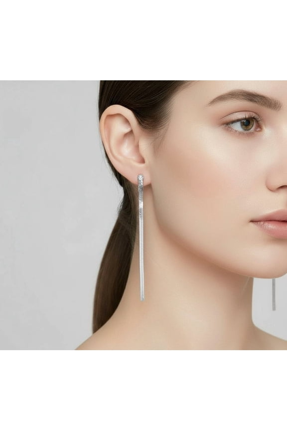 Trendy clip on 2 3/4" silver dangle snake chain earrings