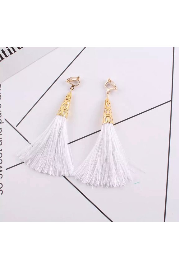 Trendy clip on 3 3/4" long gold top string earrings in a variety of colors