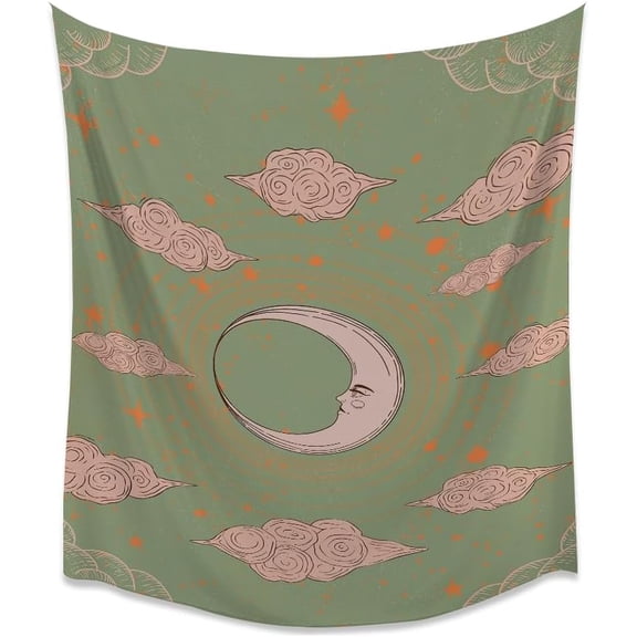Trendy green Celestial Wall Art Tapestry Moon And Stars Print Vintage Tapestries 70s Antique Astrology Aesthetic Wall Hanging Decor for Home Living Room Dorm Wall Decor white30x40inch