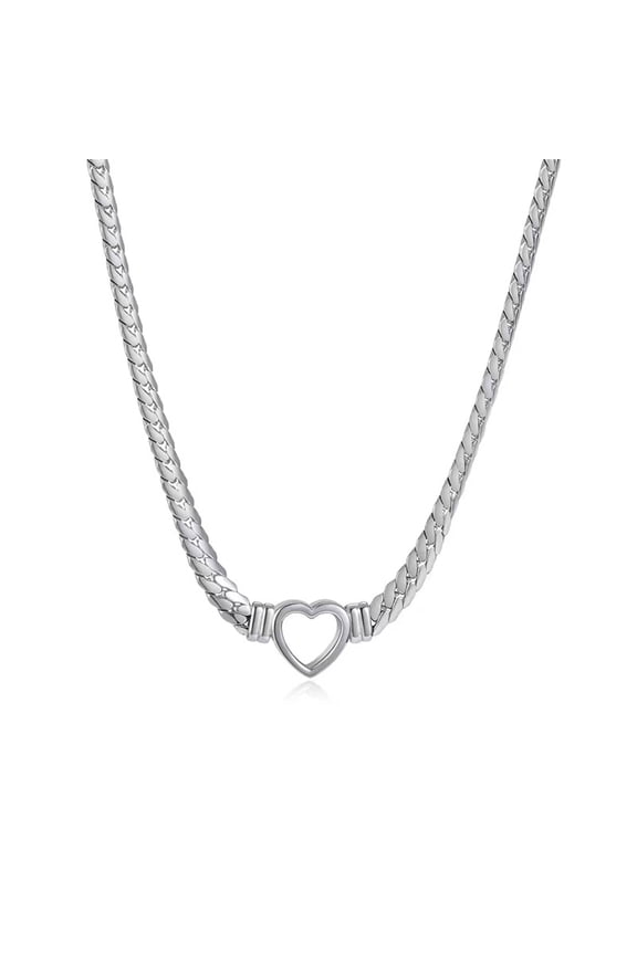 Trendy titanium steel Cuban chain heart-shaped necklace, 18K gold-plated openwork flat snake chain heart pendant necklace for women.