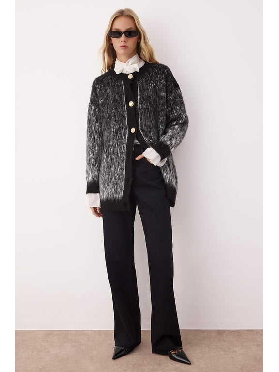 Trendyol Modest Women's Black Animal print Three-Quarter Sleeve Loose Modest Cardigans