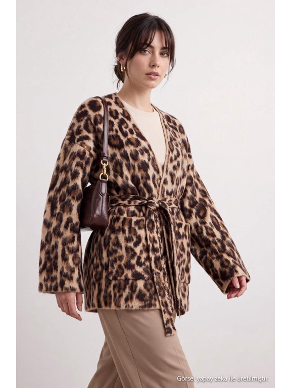 Trendyol Modest Women's Brown Animal print Three-Quarter Sleeve Oversize Modest Cardigans