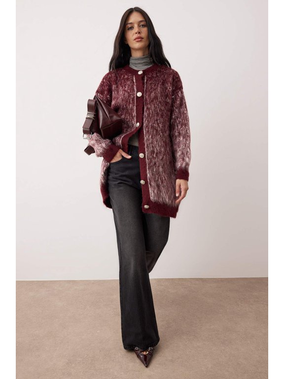 Trendyol Modest Women's Burgundy Animal print Three-Quarter Sleeve Loose Modest Cardigans