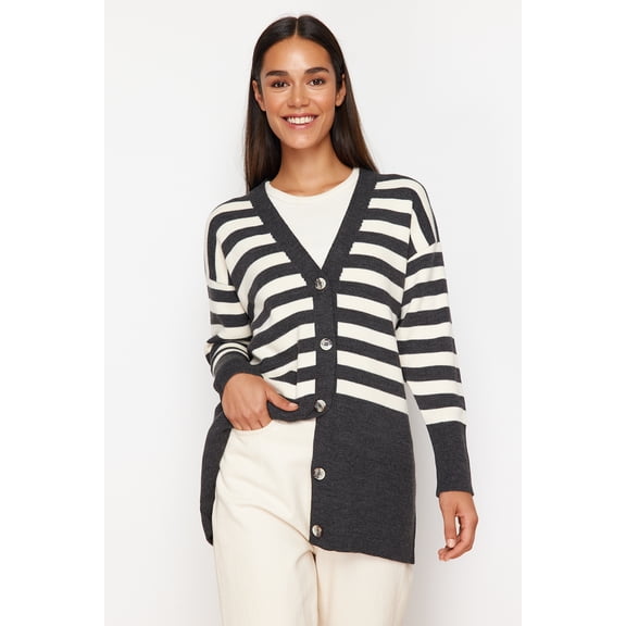 Trendyol Modest Women's Gray Striped Long Relaxed fit Modest Cardigans