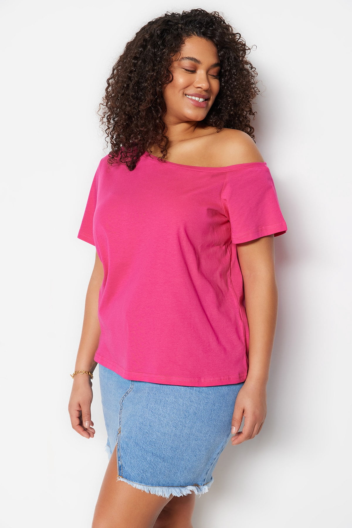 Plus Netted Tops Trendyol Women Plus Size Fitted Asymmetrical Boat Neck Knitted Plus ...
