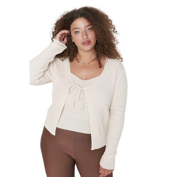 Trendyol Curve Women's Beige Plain Long Regular fit Plus Size Cardigans