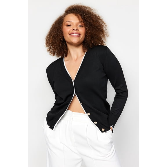 Trendyol Curve Women's Black Color block Long Regular fit Plus Size Cardigans