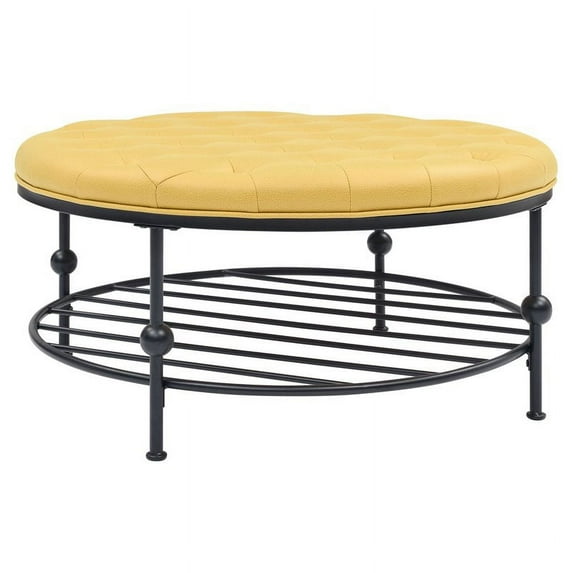 Trent Home 36" Round Faux Leather Tufted Cocktail Ottoman in Yellow