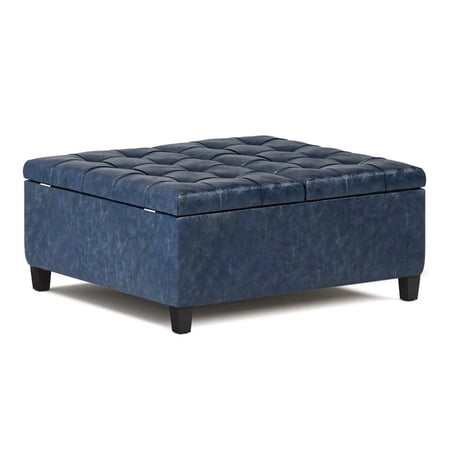 Trent Home 36" Transitional Square Coffee Table Ottoman in Blue Faux Leather