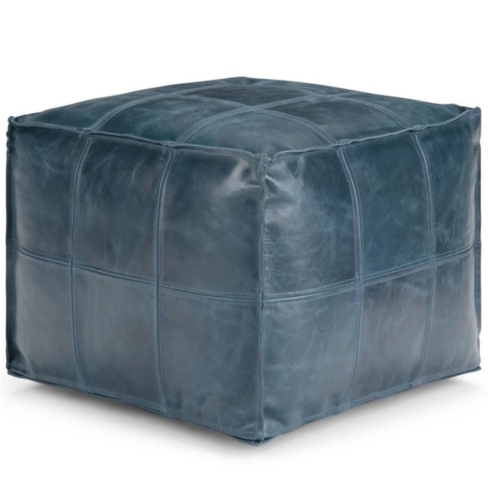 Teal Genuine Leather Square Pouf with Engineered Wood Frame