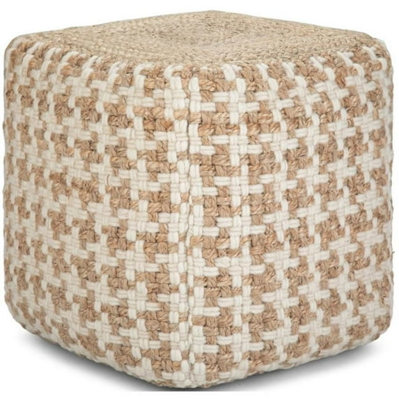 Trent Home Cube Transitional Wool/Jute/Cotton Pouf in Natural/White