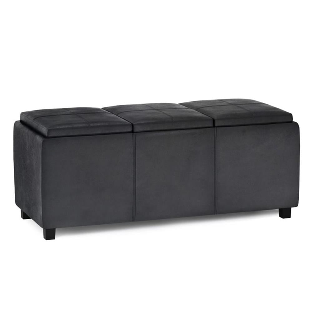 Black Faux Leather Rectangular Storage Ottoman with Flip Trays