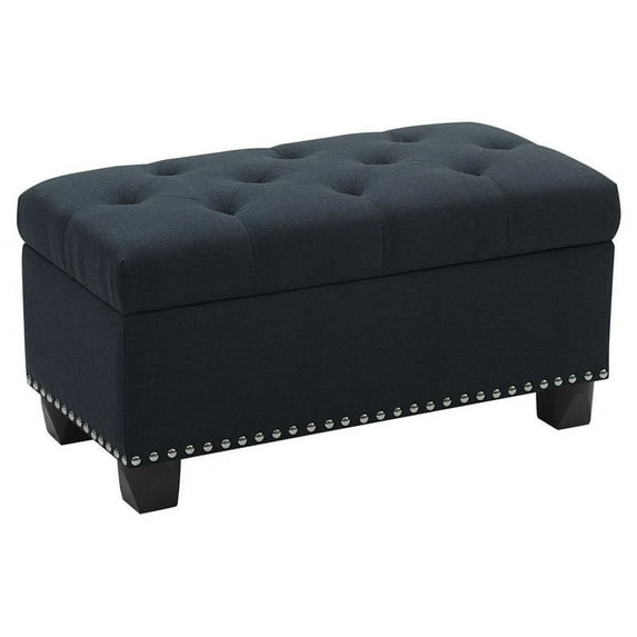 Trent Home Transitional 36" Rectangle Fine Linen Tufted Storage Ottoman in Blue