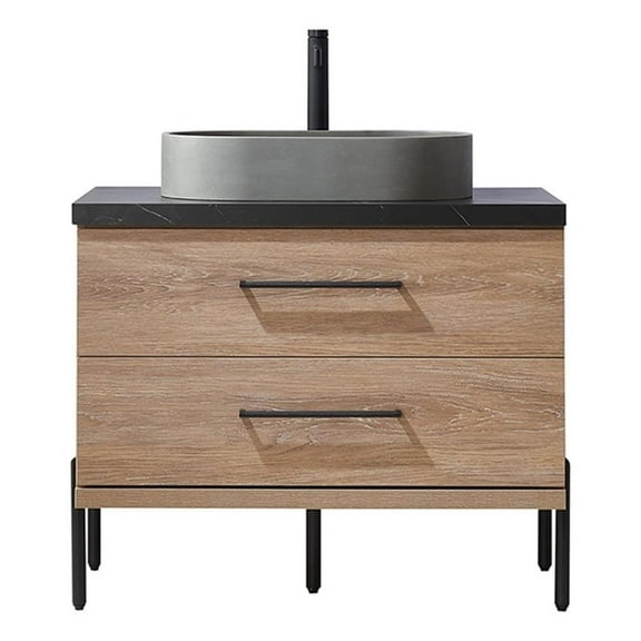 Trento 36" Black Sintered Stone Top Concrete Sink North American Oak Bath Vanity
