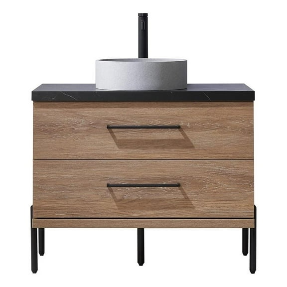 Trento 36" Black Sintered Stone Top Concrete Sink North American Oak Bath Vanity