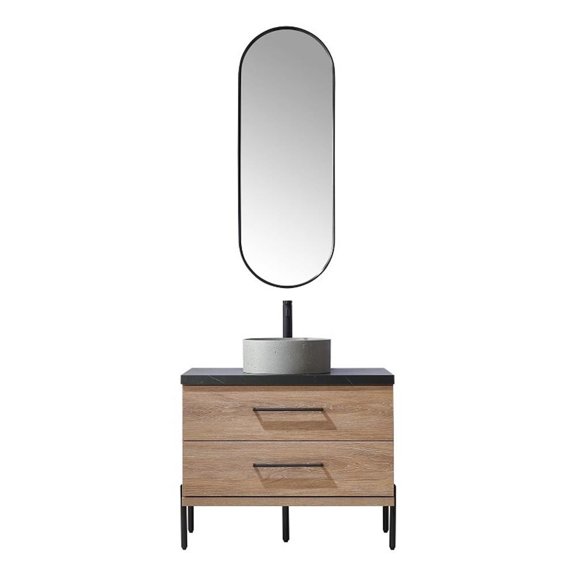 Trento 36" Single Concrete Sink Bath Vanity in North American Oak with Mirror