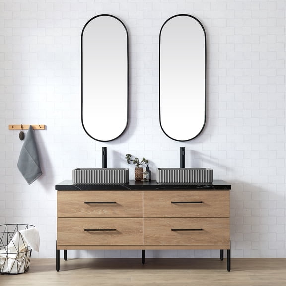 Trento 60" Double Bath Vanity with Black Stone Top with Concrete Sink & Mirror