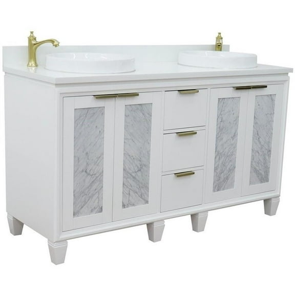 Trento 61" Double Round Sink Solid Wood Vanity in White/White Quartz Stone
