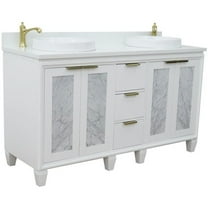 Trento 61" Double Round Sink Solid Wood Vanity in White/White Quartz Stone