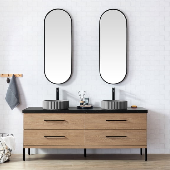 Trento 72" Double Bath Vanity with Black Stone Top with Concrete Sink & Mirror