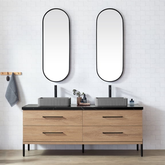 Trento 72" Double Bath Vanity with Black Stone Top with Concrete Sink & Mirror