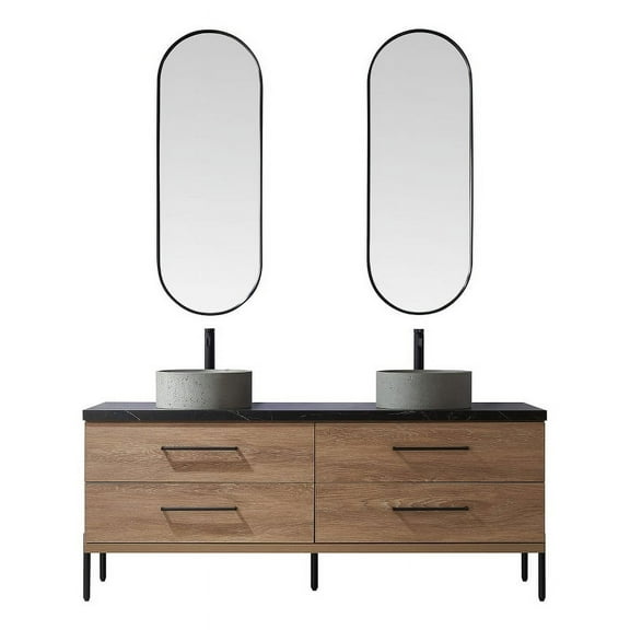 Trento 72" Double Concrete Sink Bath Vanity in North American Oak with Mirror