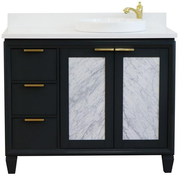 Trento Solid Wood Vanity with Right Round Sink in Gray/White Quartz Stone
