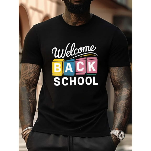 Trenty Letter Print T Shirt,"Welcome Back To School"Word Graphic Tees,Crew Cotton Neck,Vacation Tops,Size(S-5XL)