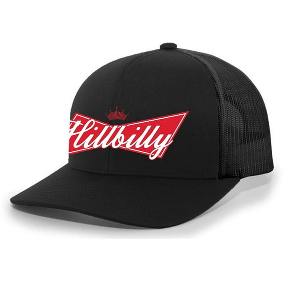 Trenz Shirt Compant Hillbilly Beer Logo Parody Mens Mesh Back Embroidered Trucker Hat, Black/Black