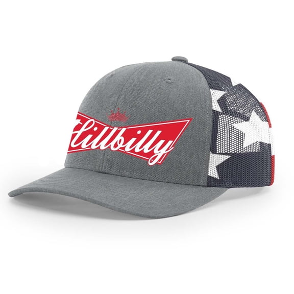 Trenz Shirt Compant Hillbilly Beer Logo Parody Mens Mesh Back Embroidered Trucker Hat, Heather Grey/American Flag