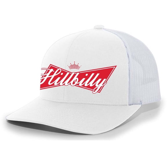 Trenz Shirt Compant Hillbilly Beer Logo Parody Mens Mesh Back Embroidered Trucker Hat, White/White