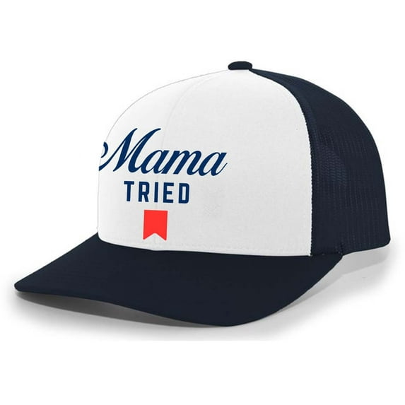 Trenz Shirt Compant Mama Tried Beer Logo Parody Mens Mesh Back Embroidered Trucker Hat, White/Navy/Navy