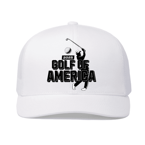 Trenz Shirt Company 2025 Golf of America Embroidered Snapback Trucker Hat - Golfer Swing Mesh Back Design, White/White