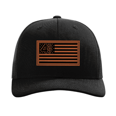 Trenz Shirt Company 45-47 American Flag Mesh Back Engraved Leather Patch Trucker Hat, Black/Black