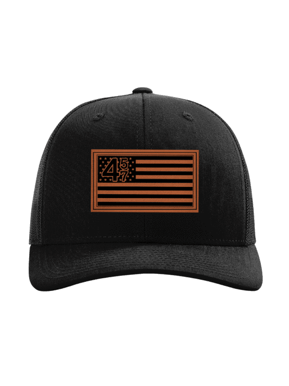 45-47 American Flag Mesh Back Engraved Leather Patch Trucker Hat, Black/Black