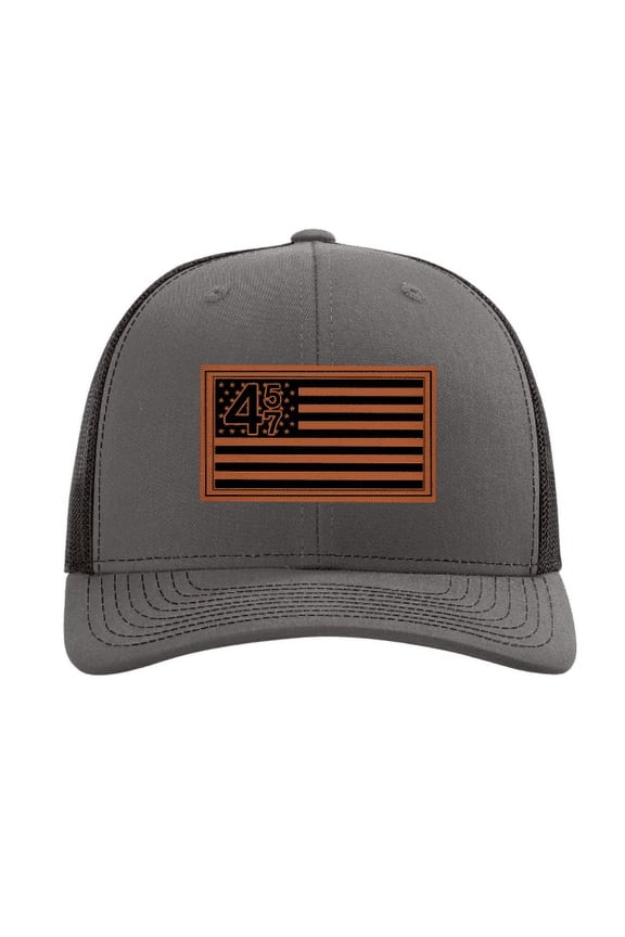 45-47 American Flag Mesh Back Engraved Leather Patch Trucker Hat, Charcoal/Black