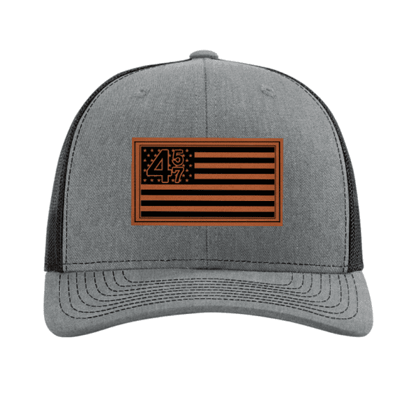 Trenz Shirt Company 45-47 American Flag Mesh Back Engraved Leather Patch Trucker Hat, Heather Grey/Black