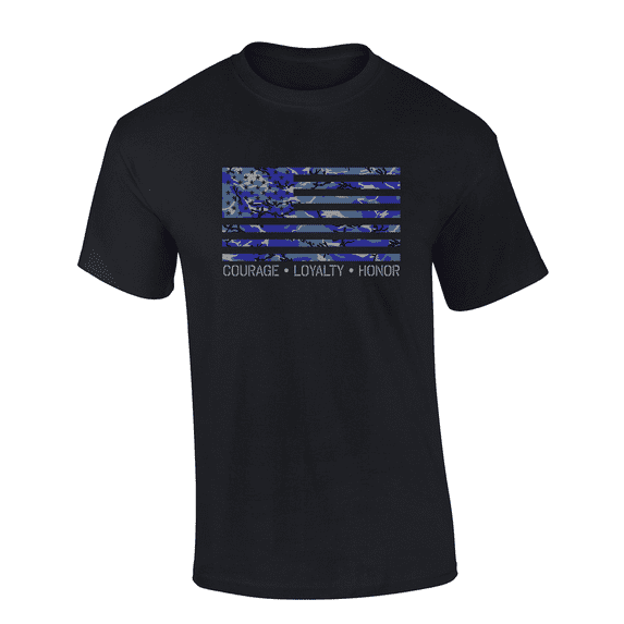 Trenz Shirt Company American Blue Camo Flag: Courage, Loyalty, Honor Short Sleeve Mens Graphic T-Shirt-Black-4xl