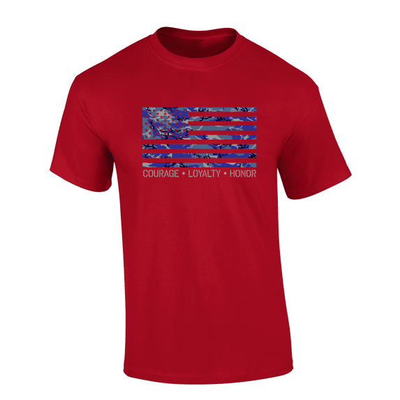 Trenz Shirt Company American Blue Camo Flag: Courage, Loyalty, Honor Short Sleeve Mens Graphic T-Shirt-Cherry Red-xxxl