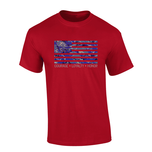 Trenz Shirt Company American Blue Camo Flag: Courage, Loyalty, Honor Short Sleeve Mens Graphic T-Shirt-Cherry Red-xxxl