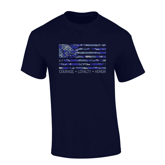 Trenz Shirt Company American Blue Camo Flag: Courage, Loyalty, Honor Short Sleeve Mens Graphic T-Shirt-Navy-xl