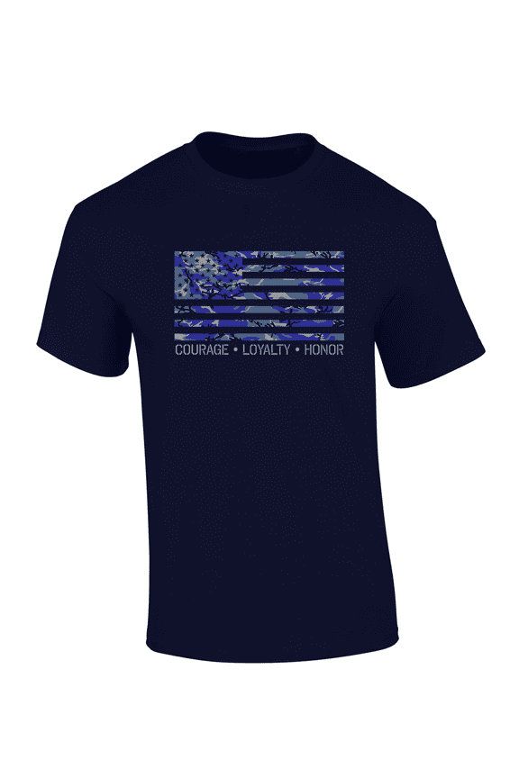 American Blue Camo Flag: Courage, Loyalty, Honor Short Sleeve Mens Graphic T-Shirt-Navy-xl
