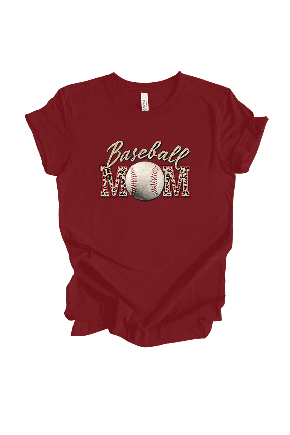 Baseball Mom Leopard Lettering Short Sleeve Womens Graphic T-Shirt-Cardinal-xxl
