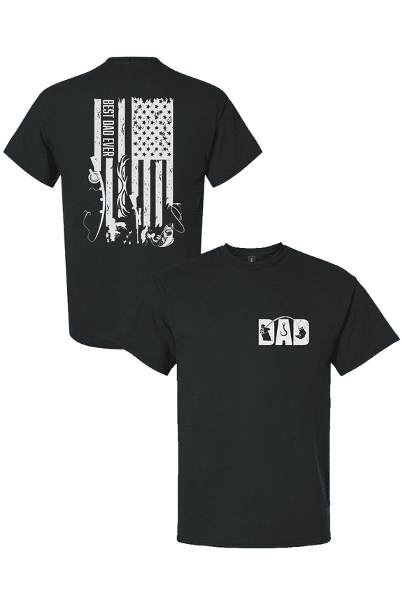 Best Dad Ever Shirt – Distressed Hunting & Fishing Flag Tee, Father’s Day Gift for Outdoorsman Dads, Black-Small