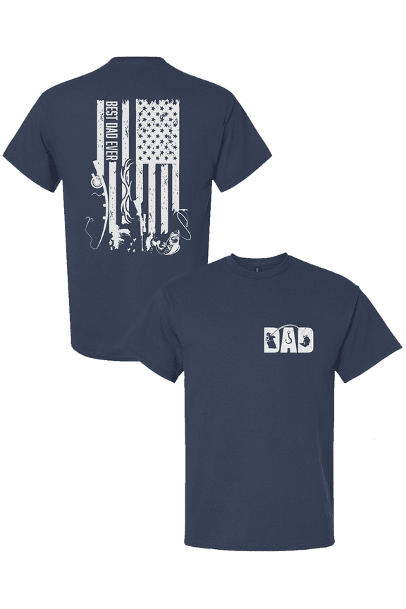 Best Dad Ever Shirt – Distressed Hunting & Fishing Flag Tee, Father’s Day Gift for Outdoorsman Dads, Blue Dusk-XX-Large