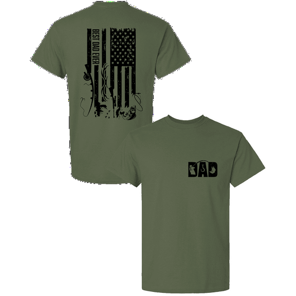 Trenz Shirt Company Best Dad Ever Shirt – Distressed Hunting & Fishing Flag Tee, Father’s Day Gift for Outdoorsman Dads, Military Green-Small