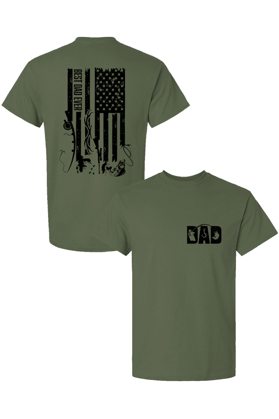 Best Dad Ever Shirt – Distressed Hunting & Fishing Flag Tee, Father’s Day Gift for Outdoorsman Dads, Military Green-Small