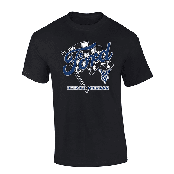 Trenz Shirt Company Black and White Checkered Flag Ford Detroit, MI Short-Sleeve Mens T-Shirt-Black-large
